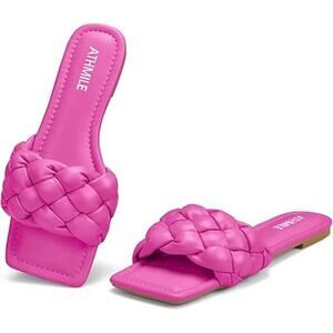 Athmile Womens Size 7 Hot Pink Braided Open Toe Slide On Dressy Beach Sandals